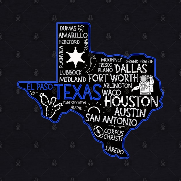 El Paso Texas cute map Houston San Antonio Dallas Austin Fort Worth by BoogieCreates